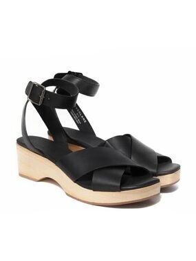 Everlane the Clog Sandal in Black Leather and Natural Wood Size 7.5